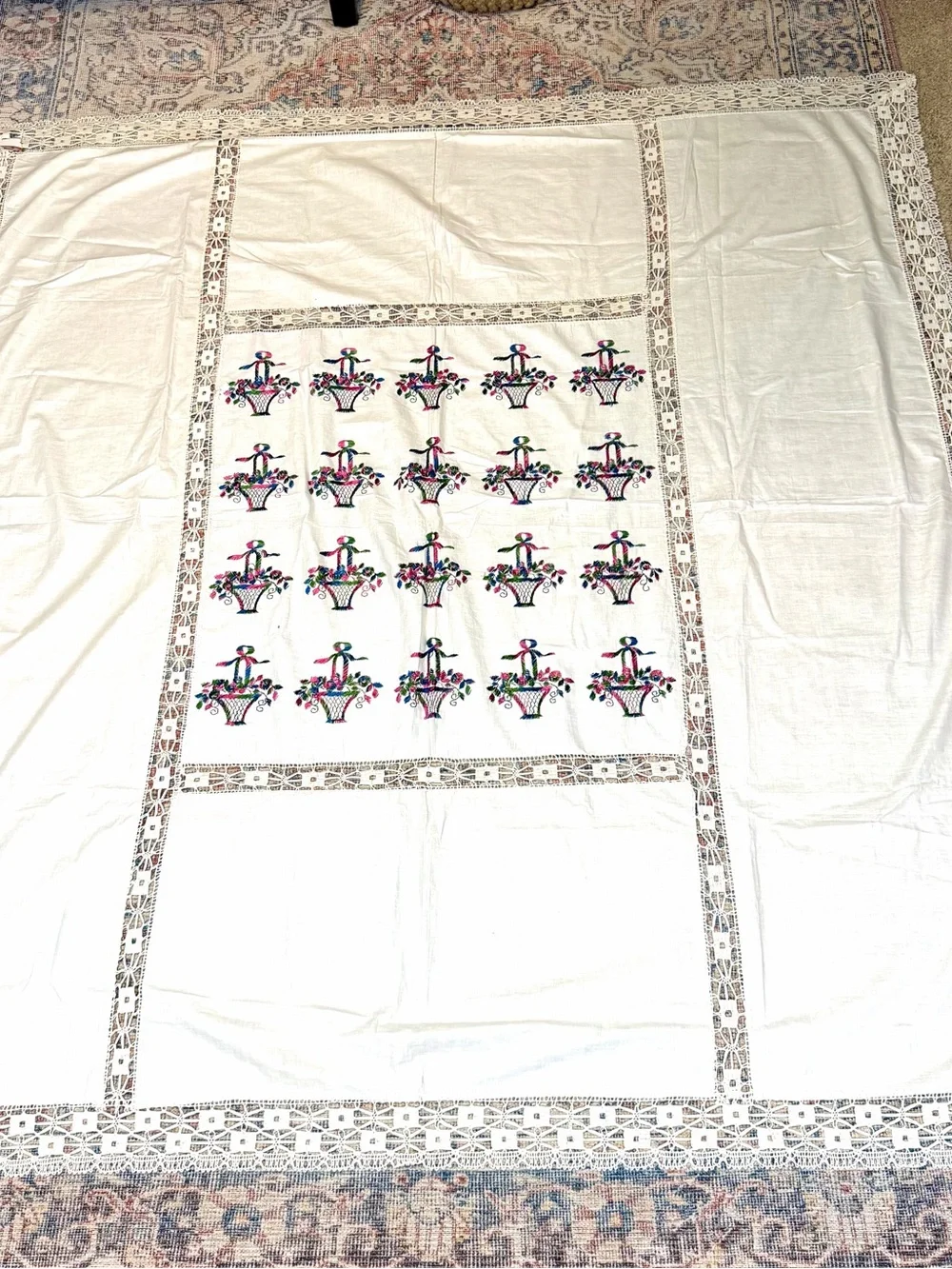 Vintage Wedding Basket Handmade Embroidered Linen Lace Tablecloth 72x77